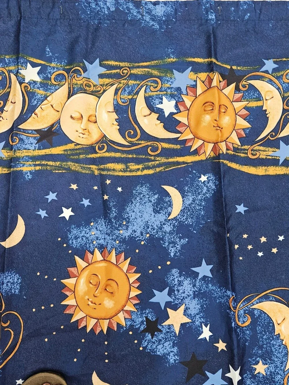 VTG 90s Celestial Sun Moon & Stars Shower Curtain Midnight Blue Gold Boho Taiwan